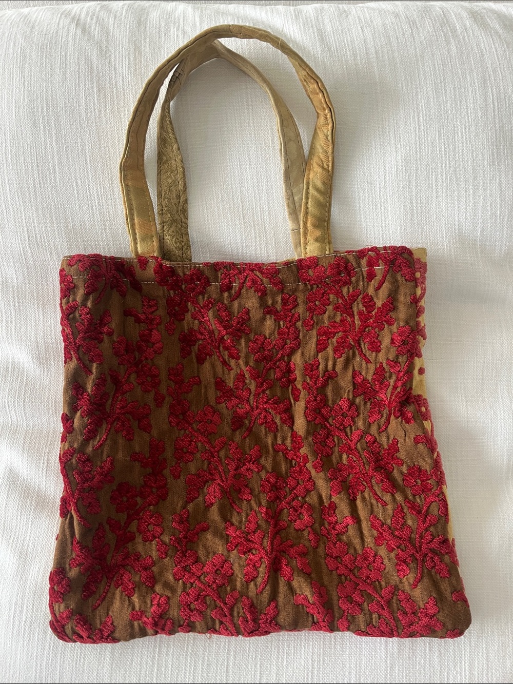 Stylish Red Floral Embroidered Tote Bag in Tan